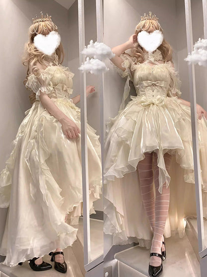 Magnifique robe Lolita en mousseline de soie ivoire à manches courtes et épaules dénudées, motif floral, tenue d'anniversaire pour 16 ans, W1221