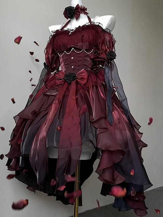 Magnifique robe Lolita en mousseline de soie à manches courtes et épaules dénudées, motif floral rose bordeaux, tenue d'anniversaire pour 16 ans, W1224