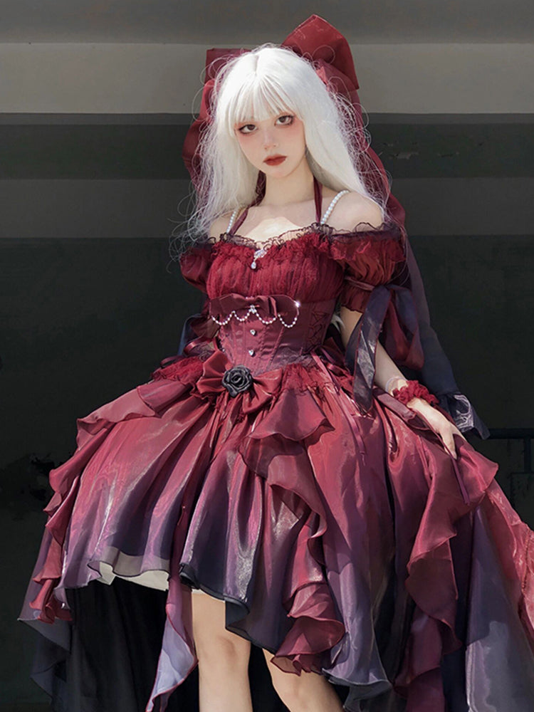 Magnifique robe Lolita en mousseline de soie bordeaux à manches courtes et épaules dénudées, motif floral, tenue d'anniversaire pour 16 ans, W1222