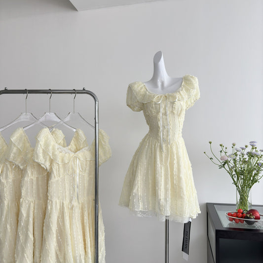 Robe d'été courte jaune à fleurs, décolleté carré, jolie robe trapèze, tenue de fête pour femmes, DP0122