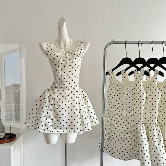 Robe de bal sexy en satin ivoire à pois, décolleté carré, courte, tenue d'été pour les fêtes et les vacances, DP0120