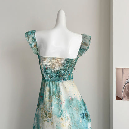 Sexy Mermaid Square Floral Green Summer Dress Holiday Party Birthday Outfits For Women DP0127