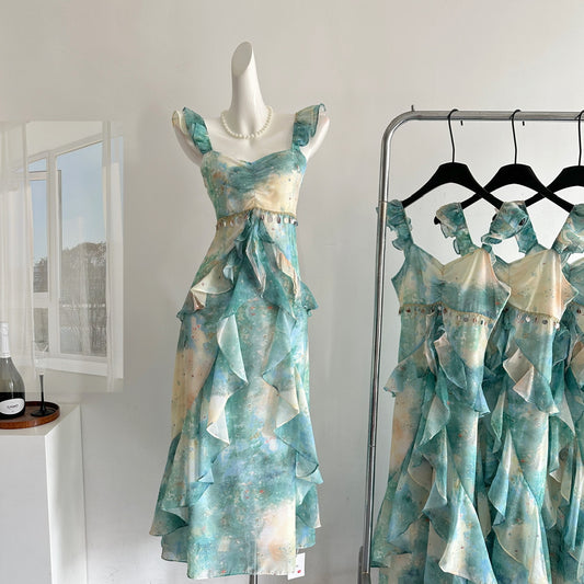Robe d'été sexy sirène carrée à fleurs vertes, tenue de fête pour femmes, DP0126