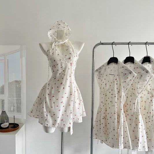Robe d'été courte et sexy à fleurs, décolleté licou, coupe trapèze, tenue de fête pour femmes, DP0121
