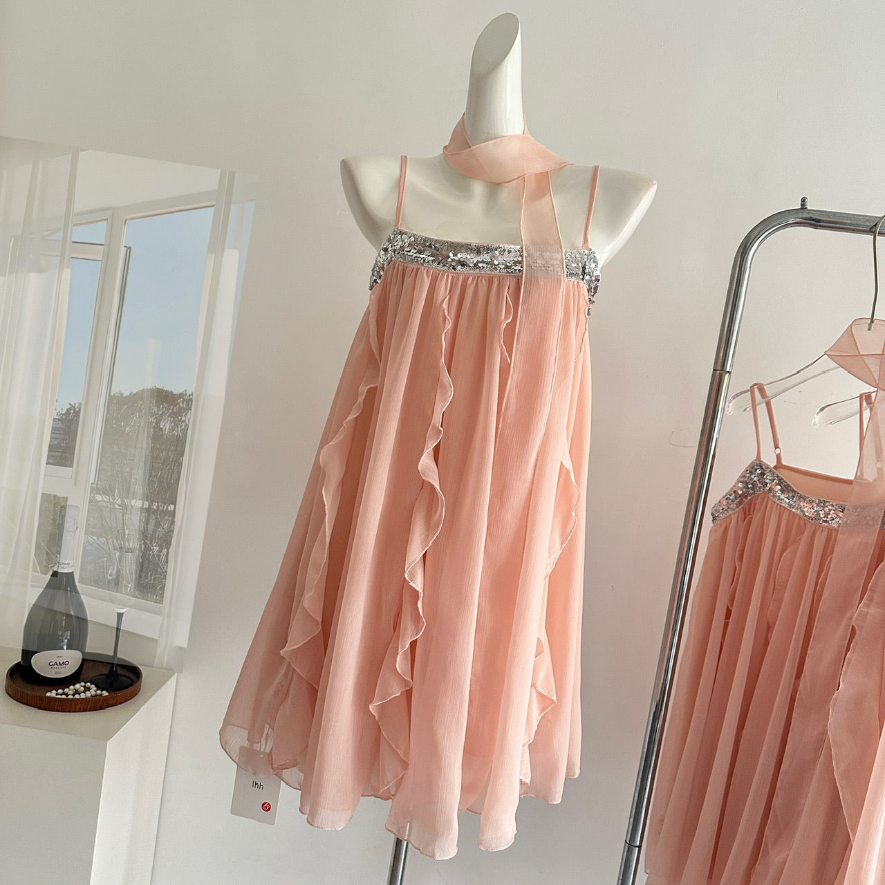 Robe d'été courte en mousseline de soie rose à bretelles spaghetti, tenue de soirée pour femmes, DP0102