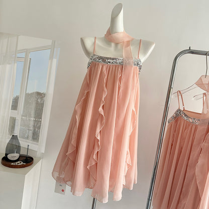 Robe d'été courte en mousseline de soie rose à bretelles spaghetti, tenue de soirée pour femmes, DP0102