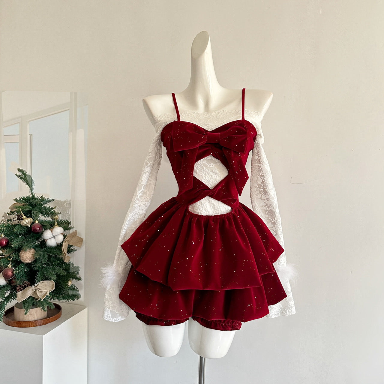 Robe d'été 3 pièces en velours rouge à bretelles spaghetti et volants pour femme, tenue de fête et de vacances DP0092