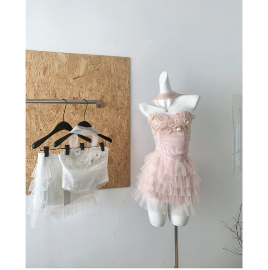 Robe d'été 2 pièces en tulle rose à bretelles spaghetti et volants, tenue de fête pour femmes, DP0094