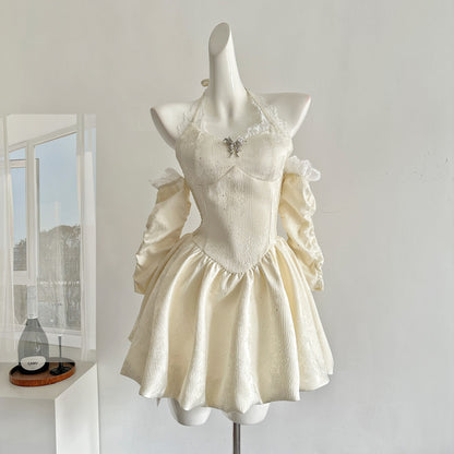 Robe d'été mignonne en dentelle ivoire à col licou et coupe trapèze, tenue de fête pour femmes, DP0096