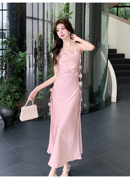 Cute A line Spaghetti Straps Pink Floral Long Satin Summer Dress For Women DP0010