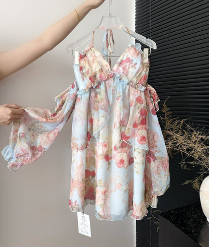 Robe d'été courte à fleurs roses, coupe trapèze, col licou, DP0015