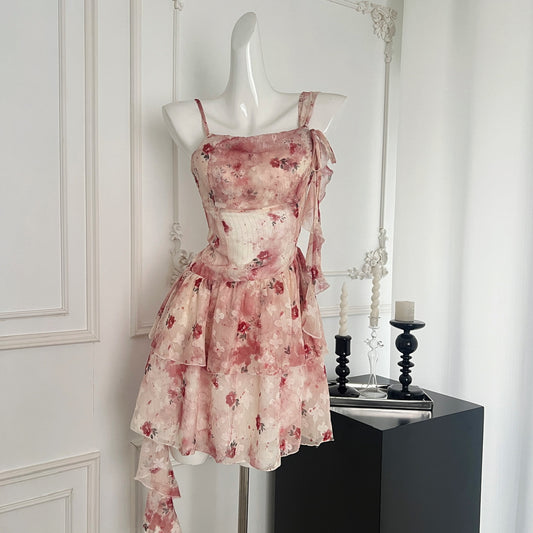 Robe courte d'été à bretelles trapèze rose à fleurs DP0014