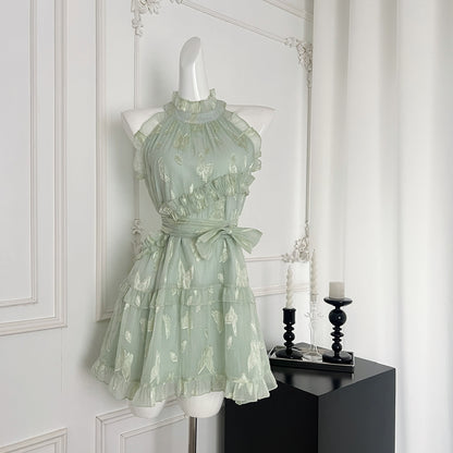 Robe d'été courte à fleurs vertes, coupe trapèze, col licou, pour femme, DP0020