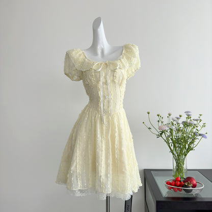 Robe d'été courte jaune à fleurs, décolleté carré, jolie robe trapèze, tenue de fête pour femmes, DP0122