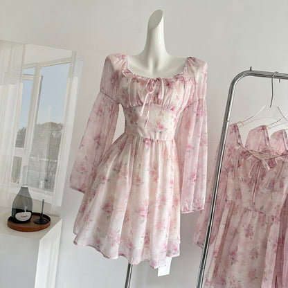 Robe d'été courte rose à fleurs, décolleté carré, coupe trapèze, tenue de fête, d'anniversaire, DP0139