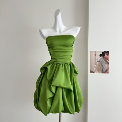 Robe d'été courte en satin vert, coupe trapèze, sans bretelles, tenue de fête, d'anniversaire, DP0145
