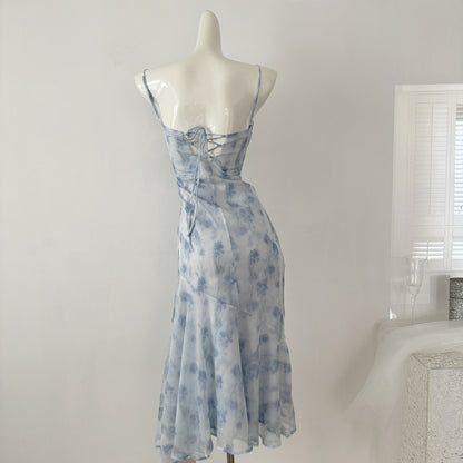 Sexy Mermaid Spaghetti Straps Blue Floral Midi Summer Dress Holiday Party Birthday Outfits For Womens DP0152