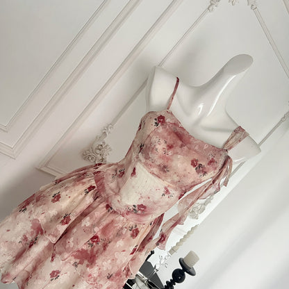 Robe courte d'été à bretelles trapèze rose à fleurs DP0014