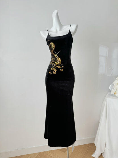 Sexy Mermaid Spaghetti Straps Black Velvet Long Summer Dress For Women DP0027