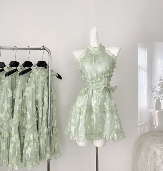 Robe d'été courte à fleurs vertes, coupe trapèze, col licou, pour femme, DP0020