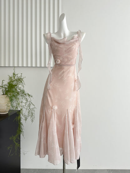 Cute Mermaid Straps Floral Pink Lace Long Summer Dress For Women DP0026