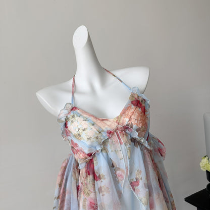 Robe d'été courte à fleurs roses, coupe trapèze, col licou, DP0015