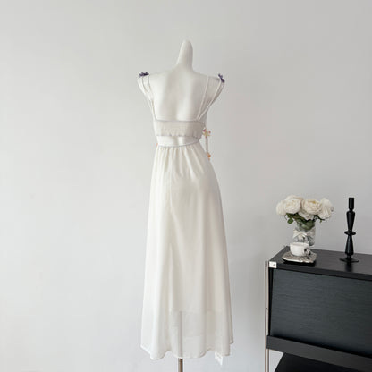 Cute A Line Spaghetti Straps Floral White Chiffon Summer Dress Holiday Party Outfits For Women DP0129