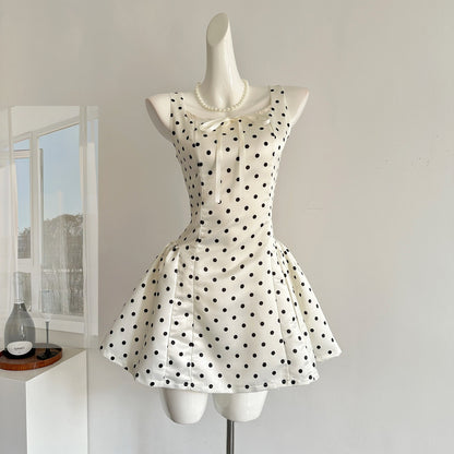 Robe de bal sexy en satin ivoire à pois, décolleté carré, courte, tenue d'été pour les fêtes et les vacances, DP0120