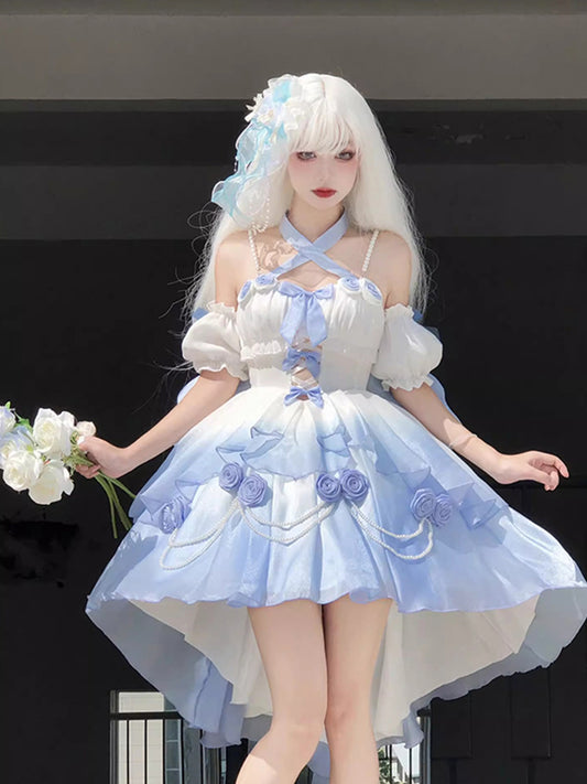 Vintage Ball Gown Off The Shoulder Ombre Blue Chiffon 22th Birthday Dress Lolita Dress Cute Lolita Outfits DH2442