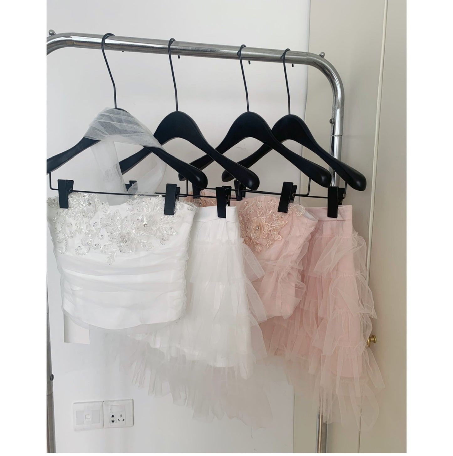 Robe d'été 2 pièces en tulle rose à bretelles spaghetti et volants, tenue de fête pour femmes, DP0094