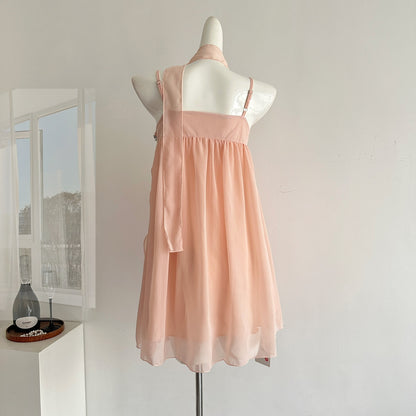 Robe d'été courte en mousseline de soie rose à bretelles spaghetti, tenue de soirée pour femmes, DP0102