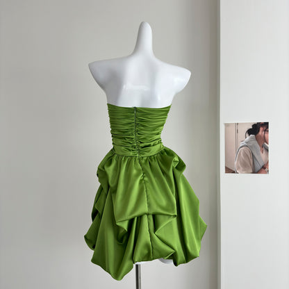 Robe d'été courte en satin vert, coupe trapèze, sans bretelles, tenue de fête, d'anniversaire, DP0145