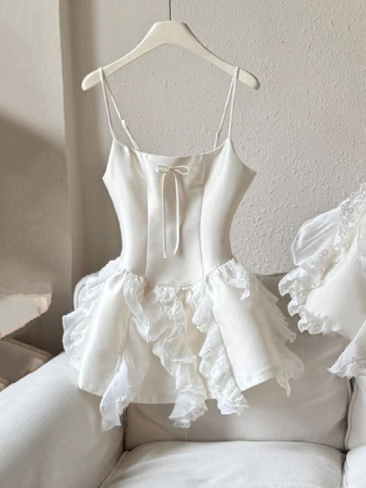 Simple A line Spaghetti Straps White Short Satin Formal Homecoming Dresses Party Graduation Dress Hoco Dresses DH2754