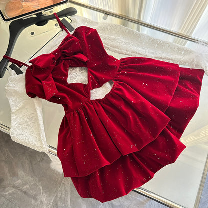 Robe d'été 3 pièces en velours rouge à bretelles spaghetti et volants pour femme, tenue de fête et de vacances DP0092