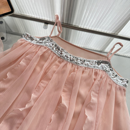 Robe d'été courte en mousseline de soie rose à bretelles spaghetti, tenue de soirée pour femmes, DP0102
