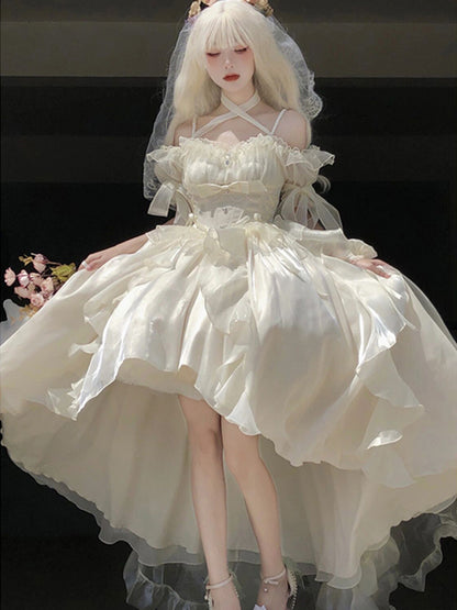 Princess Ball Gown Off The Shoulder Short Sleeves Ivory Floral 16th Chiffon Birthday Dress Lolita Dress 18th Birthday Outfits W1137