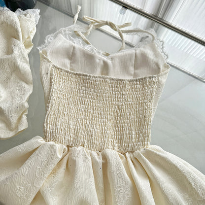 Robe d'été mignonne en dentelle ivoire à col licou et coupe trapèze, tenue de fête pour femmes, DP0096