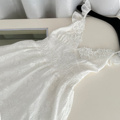 Sexy A Line Spaghetti Straps Floral White Lace Summer Dress Holiday Party Outfits For Women DP0105