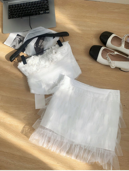 Robe d'été 2 pièces en tulle rose à bretelles spaghetti et volants, tenue de fête pour femmes, DP0094