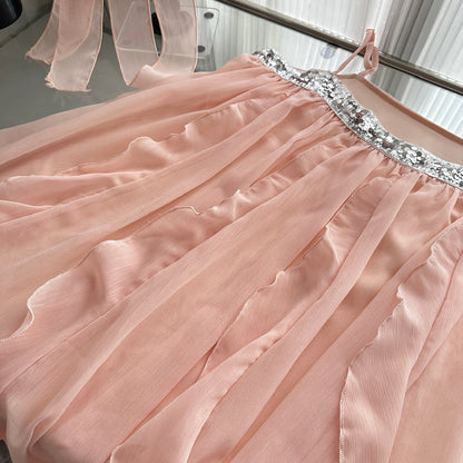 Robe d'été courte en mousseline de soie rose à bretelles spaghetti, tenue de soirée pour femmes, DP0102