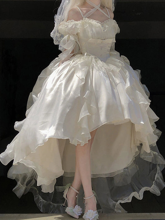 Princess Ball Gown Off The Shoulder Short Sleeves Ivory Floral 16th Chiffon Birthday Dress Lolita Dress 18th Birthday Outfits W1137