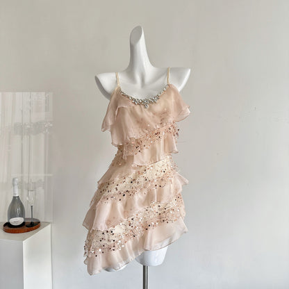 Robe trapèze décontractée à bretelles spaghetti et paillettes roses, tenue d'été courte et décontractée, DP1405