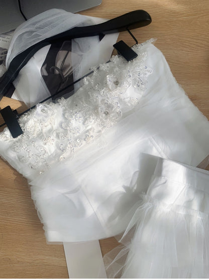 Robe d'été 2 pièces en tulle rose à bretelles spaghetti et volants, tenue de fête pour femmes, DP0094