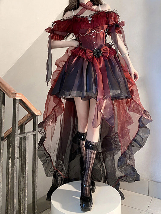 Vintage Ball Gown Off The Shoulder Short Sleeves 16th Burgundy Birthday Dress Lolita Dress Birthday Outfits DP0220