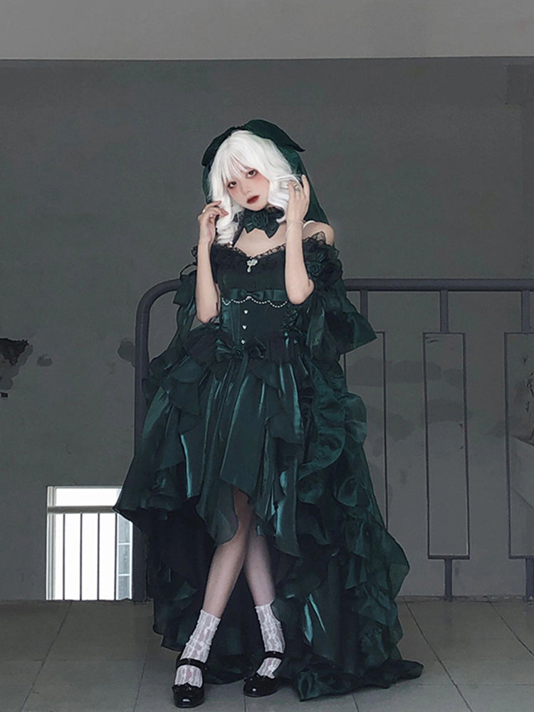 Princess Ball Gown Off The Shoulder Short Sleeves Dark Green High Low Floral 16th Chiffon Birthday Dress Lolita Dress 18th Birthday Outfits W1199