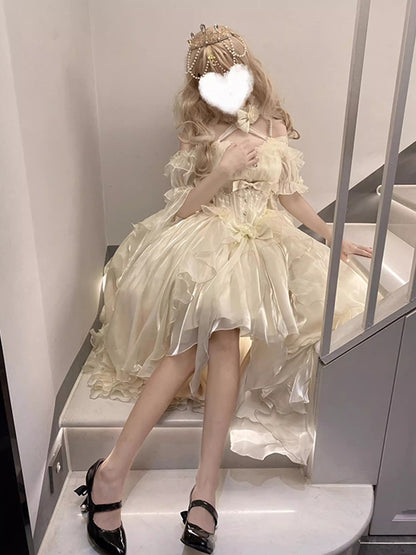 Magnifique robe Lolita en mousseline de soie ivoire à manches courtes et épaules dénudées, motif floral, tenue d'anniversaire pour 16 ans, W1221