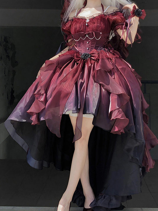 Magnifique robe Lolita en mousseline de soie bordeaux à manches courtes et épaules dénudées, motif floral, tenue d'anniversaire pour 16 ans, W1222
