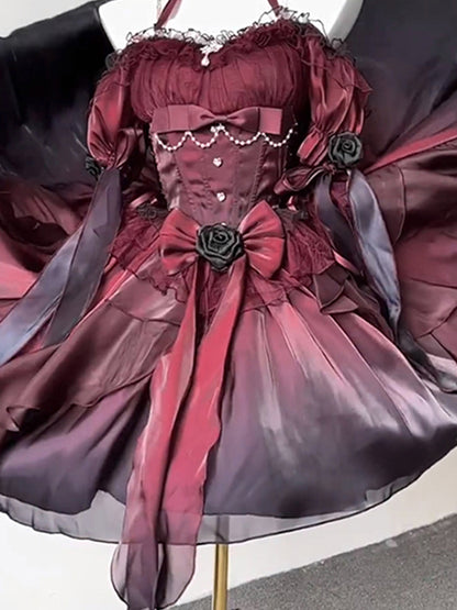 Magnifique robe Lolita en mousseline de soie à manches courtes et épaules dénudées, motif floral rose bordeaux, tenue d'anniversaire pour 16 ans, W1224