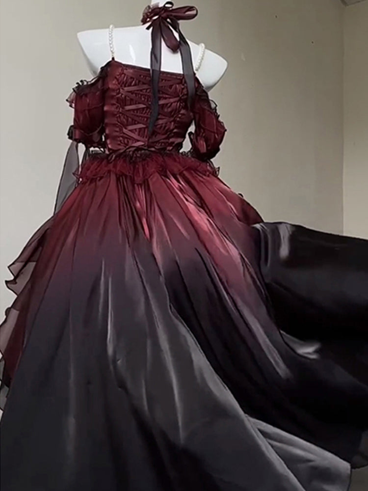 Magnifique robe Lolita en mousseline de soie à manches courtes et épaules dénudées, motif floral rose bordeaux, tenue d'anniversaire pour 16 ans, W1224