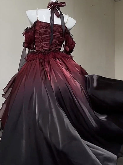 Magnifique robe Lolita en mousseline de soie à manches courtes et épaules dénudées, motif floral rose bordeaux, tenue d'anniversaire pour 16 ans, W1224